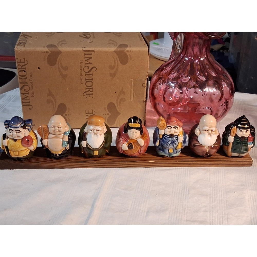 Japanese Seven Lucky Gods Shichifukujin Ceramic Figurine with Wood Base Japan